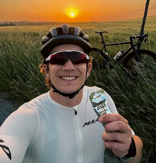 Jack cycling at sunset with Cramp Killa